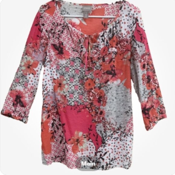 Chico's Women Size 1 = Size 8 Blouse Peasant Top Lightweight Coral Ivory Brown - Picture 1 of 5